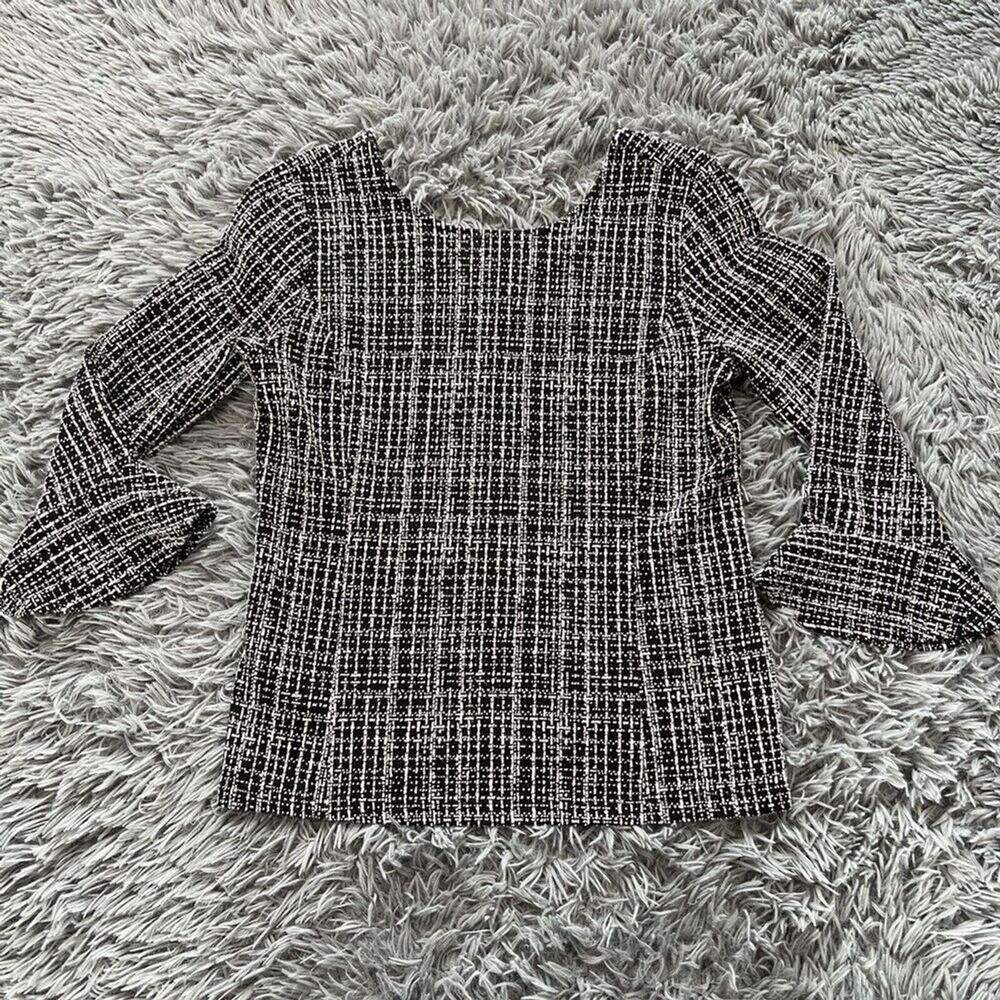 Talbots Textured Bell Flare Sleeve Blouse Top Size Small Black White Stretch